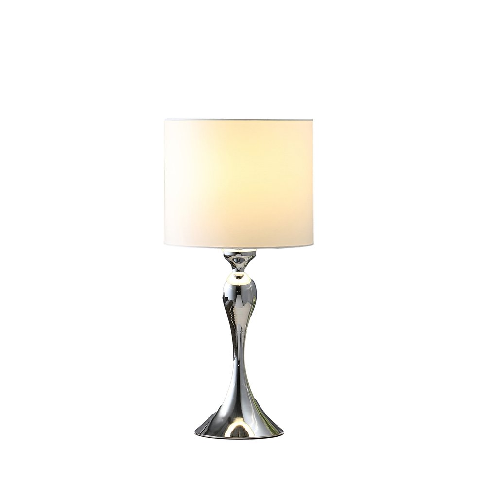 25" Silver Sleek Table Lamp With Off White Drum Shade. Table lamp isolated on a plain white background, in a off-white finish.