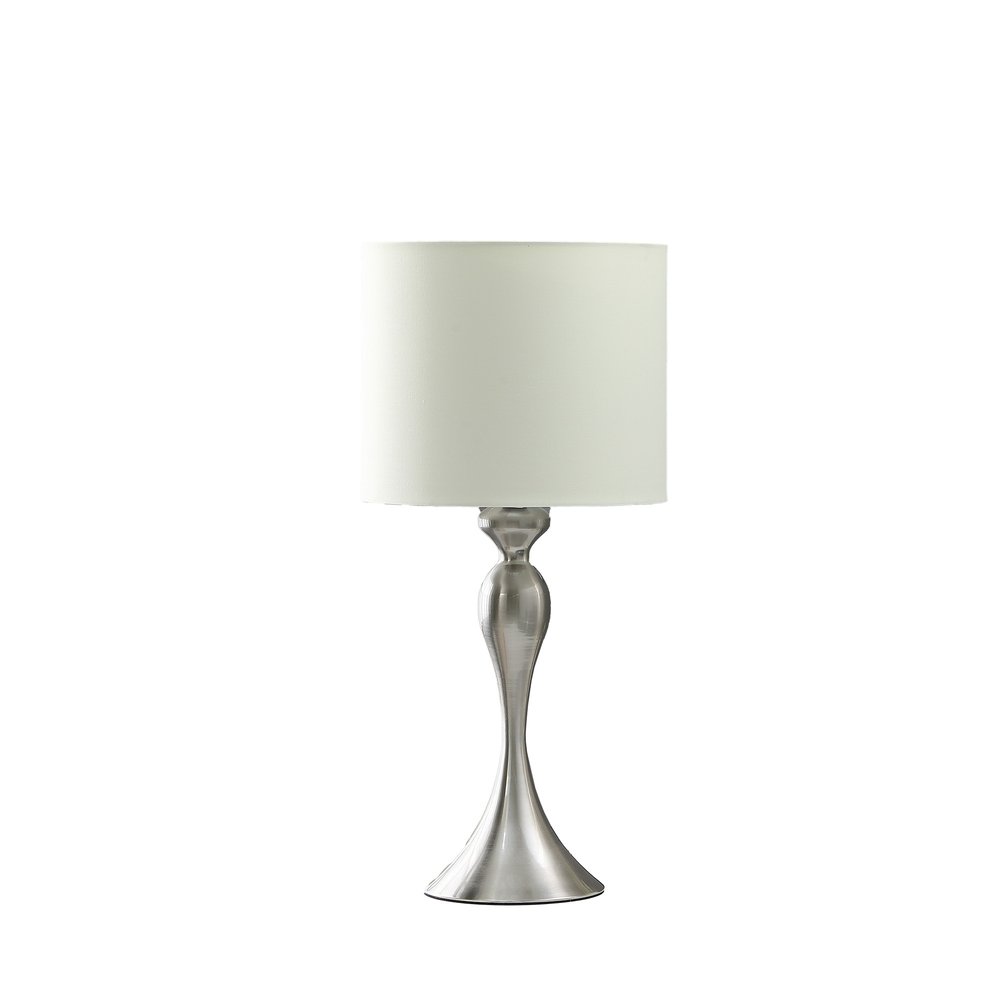 25" Silver Metal Table Lamp With Off White Drum Shade. Table lamp isolated on a plain white background, showing a off-white metal surface.