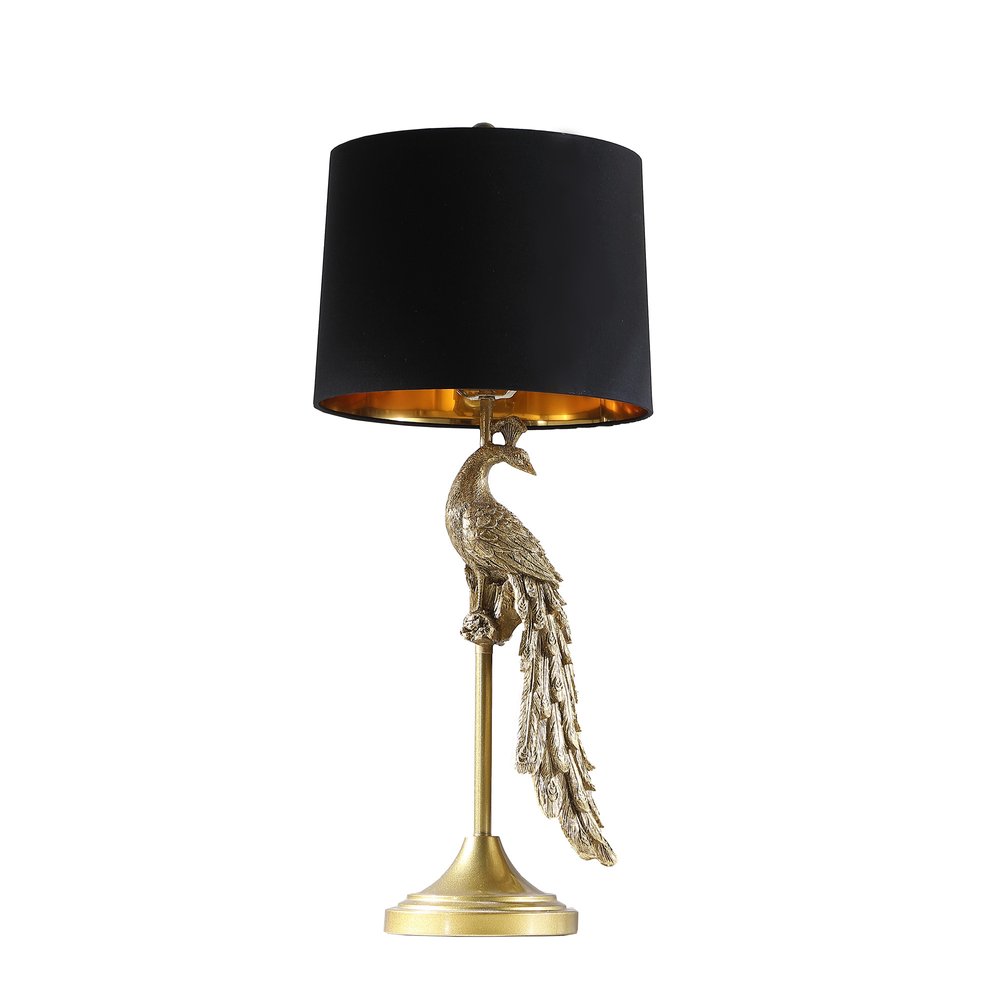 29" Gold Peacock Table Lamp With Black Drum Shade. Table lamp isolated on a plain white background, finished in gold.