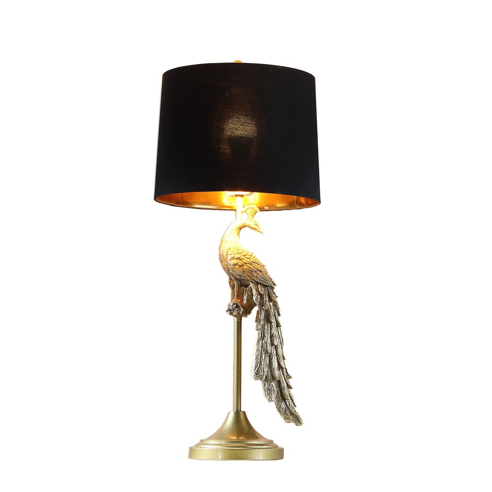 29" Gold Peacock Table Lamp With Black Drum Shade. Table lamp isolated on a plain white background, in a gold finish.