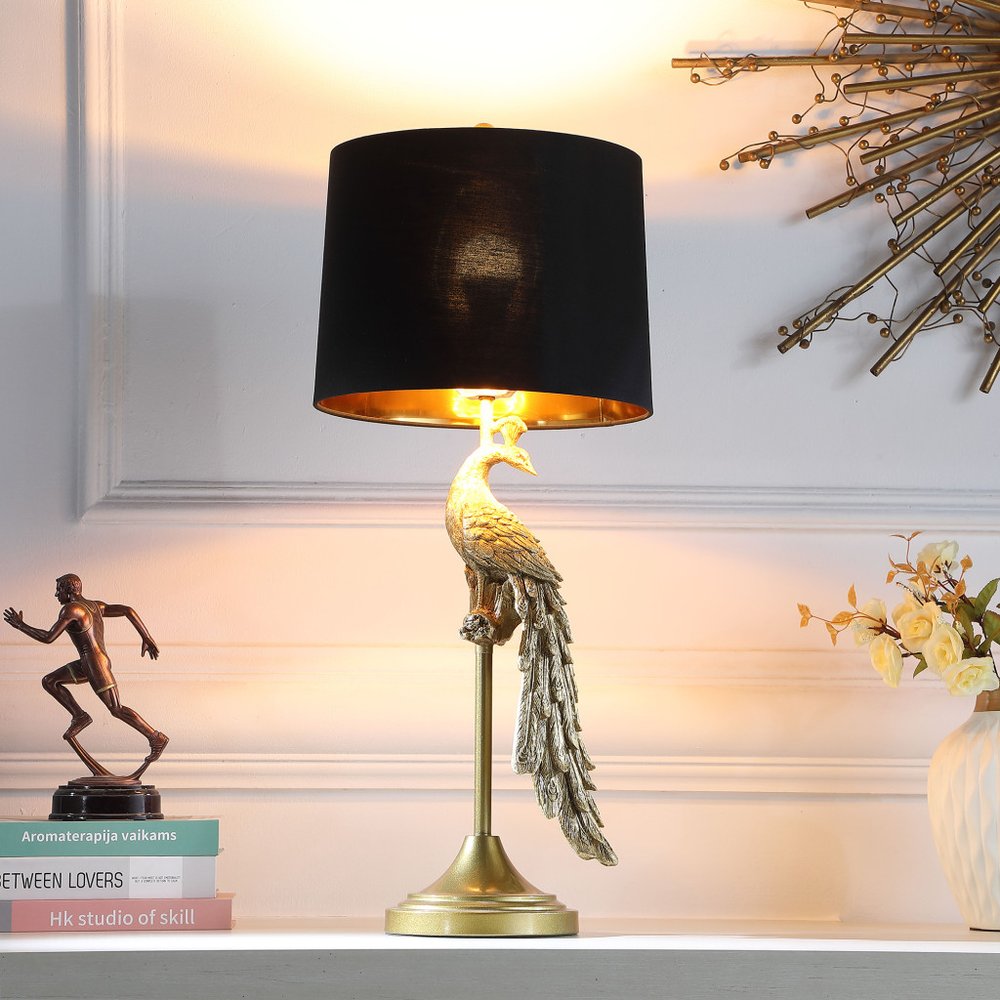 29" Gold Peacock Table Lamp With Black Drum Shade.