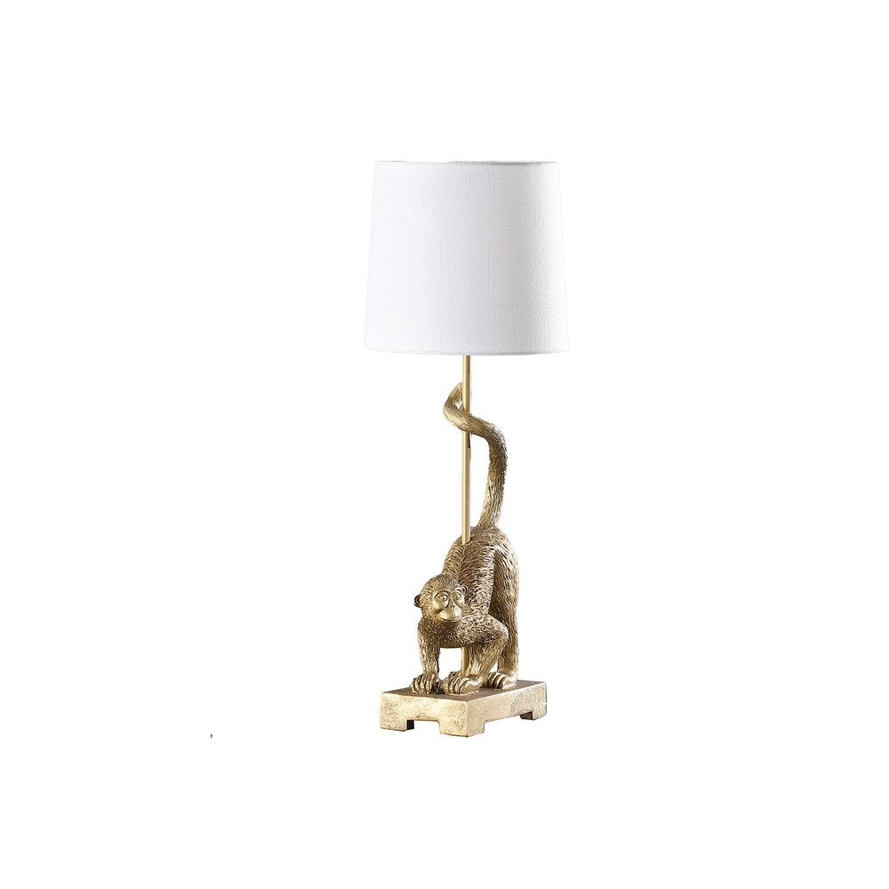24" Gold Monkey Table Lamp With White Drum Shade. Table lamp isolated on a plain white background, in a gold finish.