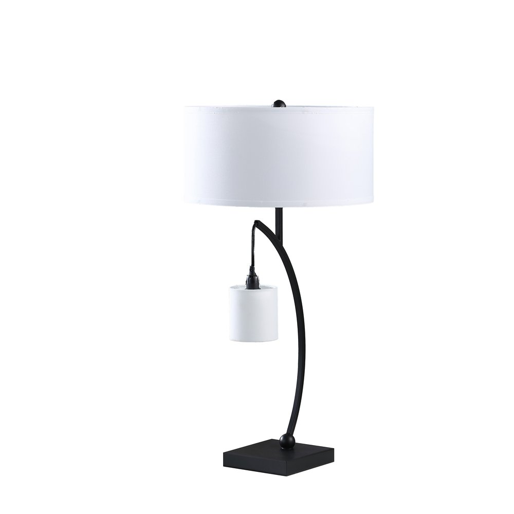 29" Black Metal Two Light Arched Table Lamp With White Drum Shade. Table lamp isolated on a plain white background, in a black metal finish.