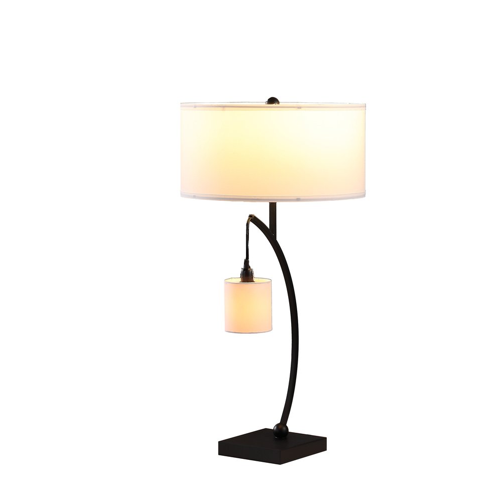 29" Black Metal Two Light Arched Table Lamp With White Drum Shade. Table lamp isolated on a plain white background, showing a black metal surface.