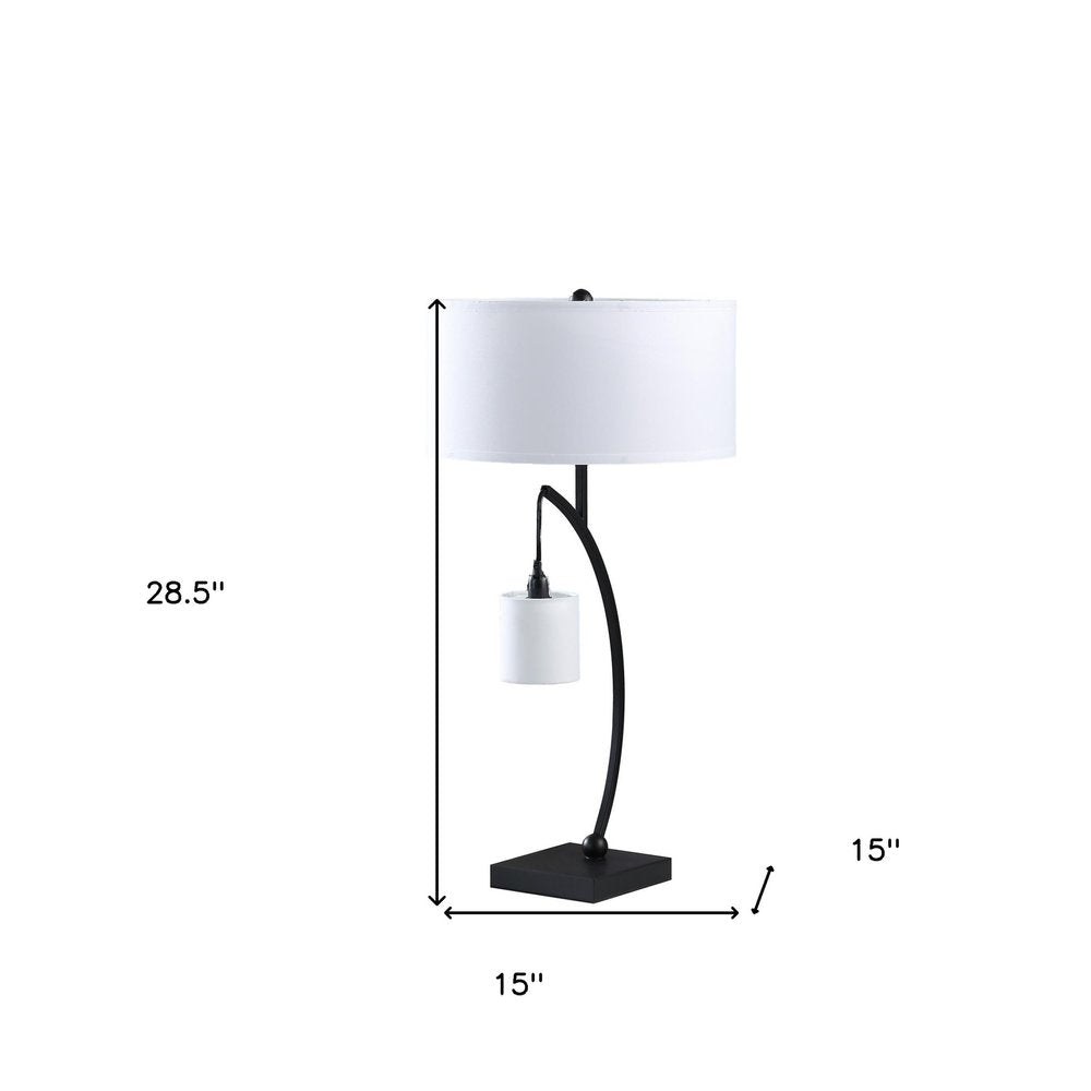 29" Black Metal Two Light Arched Table Lamp With White Drum Shade. Table lamp isolated on a plain white background, in a black metal finish.