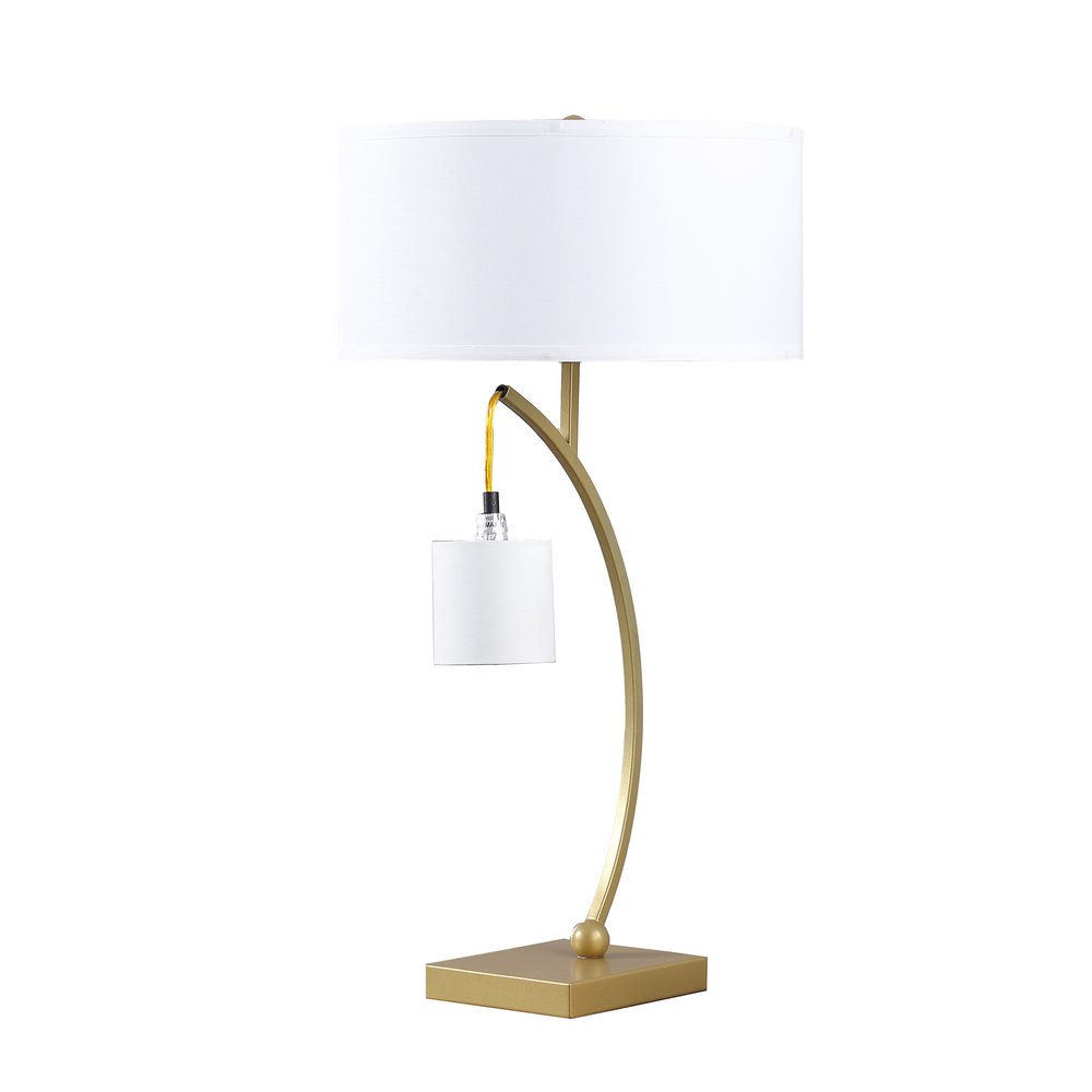 29" Gold Metal Two Light Arched Table Lamp With White Drum Shade. Table lamp isolated on a plain white background, showing a gold metal surface.
