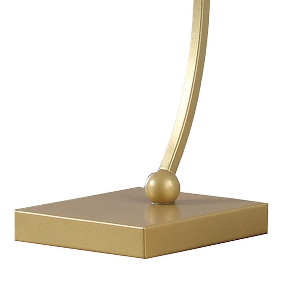 29" Gold Metal Two Light Arched Table Lamp With White Drum Shade. Table lamp isolated on a plain white background, finished in gold metal.