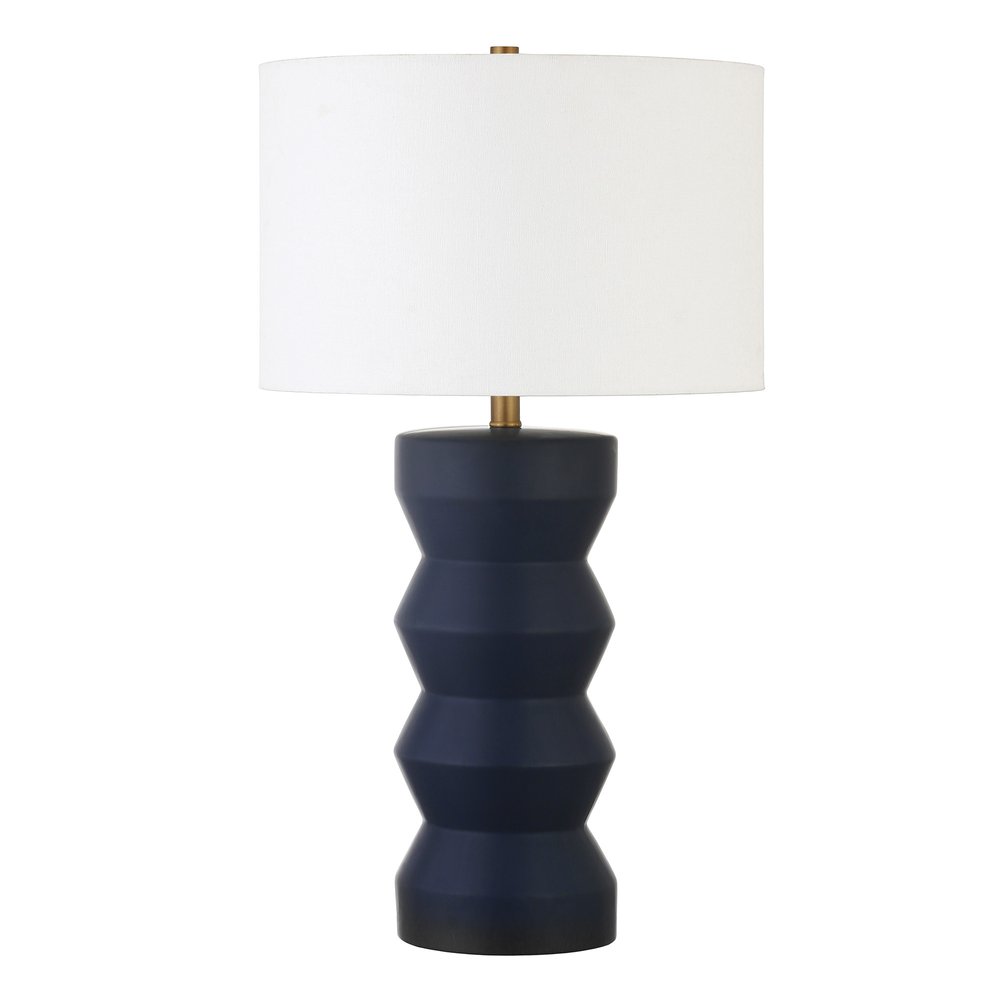 28" Navy Blue Geometric Table Lamp With Drum Shade. Table lamp isolated on a plain white background, showing its navy color.