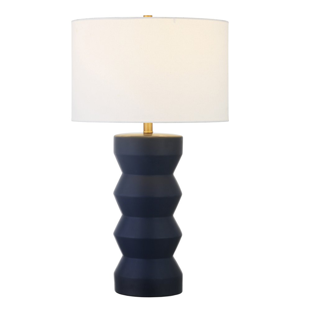 28" Navy Blue Geometric Table Lamp With Drum Shade. Table lamp isolated on a plain white background, in a navy finish.