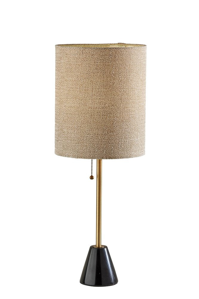 28" Black and Gold Marble and Metal Table Lamp With Beige Drum Shade. Table lamp isolated on a plain white background, finished in beige metal.