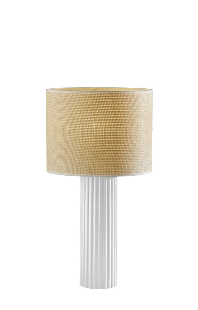 24" White Ceramic Cylinder Table Lamp With Beige Drum Shade. Table lamp isolated on a plain white background, in a beige ceramic finish.