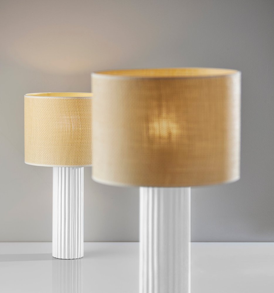 24" White Ceramic Cylinder Table Lamp With Beige Drum Shade. Table lamp in beige ceramic.