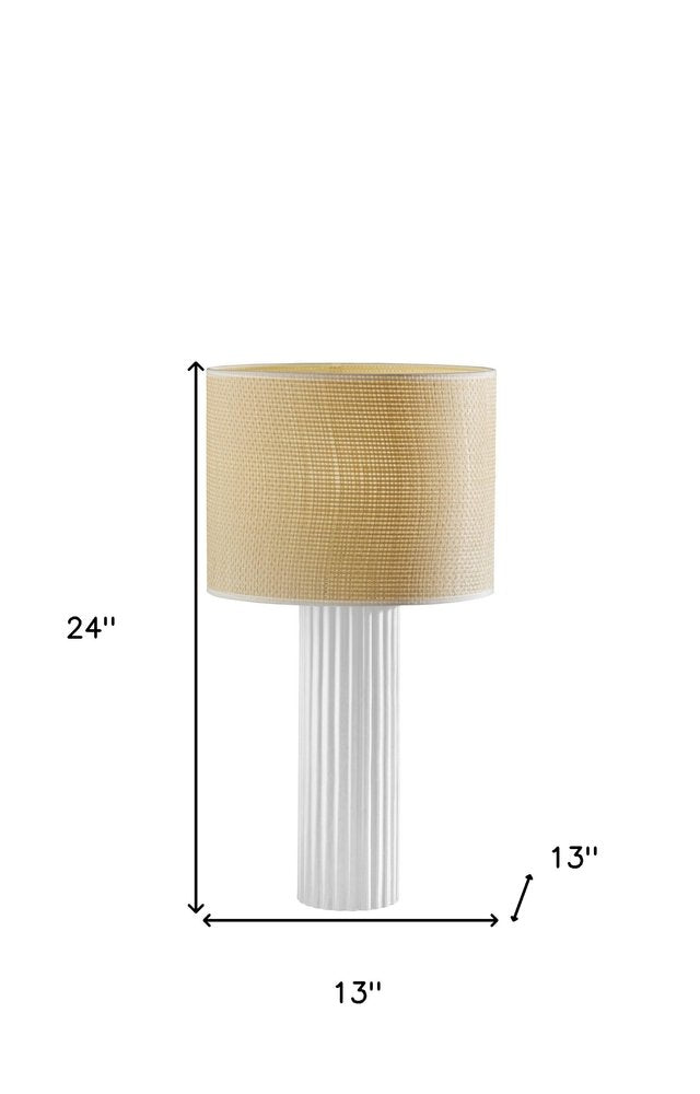 24" White Ceramic Cylinder Table Lamp With Beige Drum Shade. Table lamp isolated on a plain white background, finished in beige ceramic.