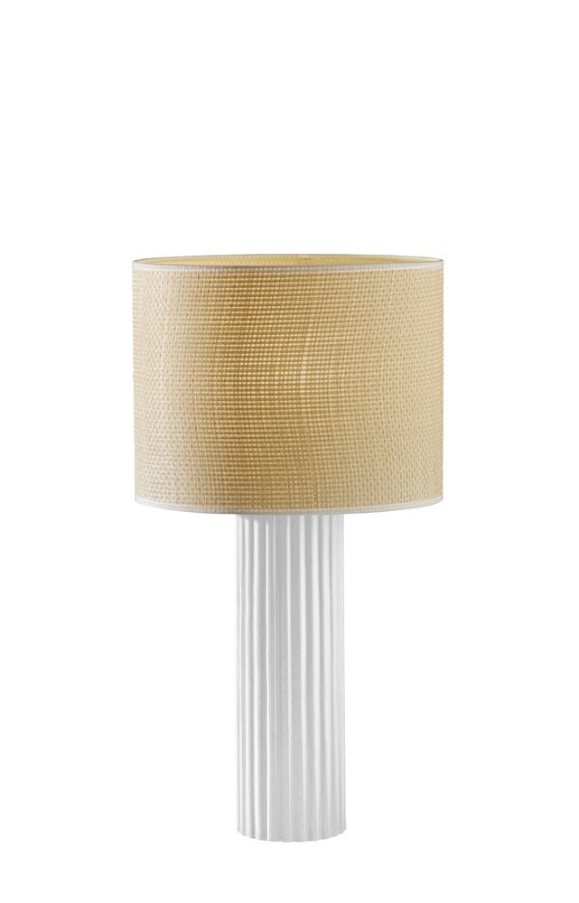 24" White Ceramic Cylinder Table Lamp With Beige Drum Shade. Table lamp isolated on a plain white background, finished in beige ceramic.