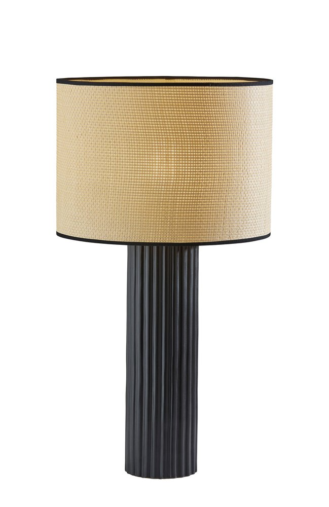 29" Black Ceramic Cylinder Table Lamp With Beige Drum Shade. Table lamp isolated on a plain white background, finished in beige ceramic.