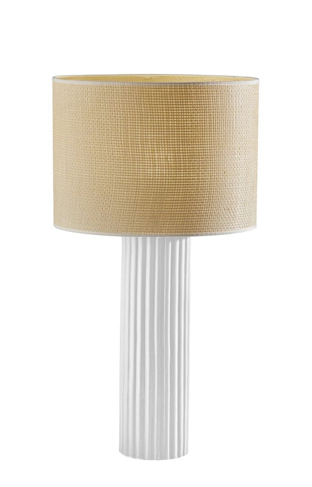29" White Ceramic Cylinder Table Lamp With Beige Drum Shade. Table lamp isolated on a plain white background, showing a beige ceramic surface.