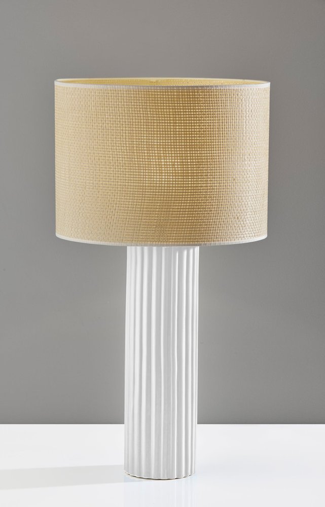 29" White Ceramic Cylinder Table Lamp With Beige Drum Shade detail shot of the beige ceramic finish.
