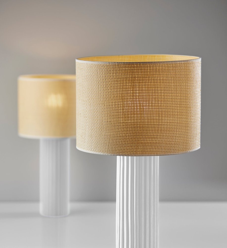 29" White Ceramic Cylinder Table Lamp With Beige Drum Shade. Table lamp in beige ceramic.