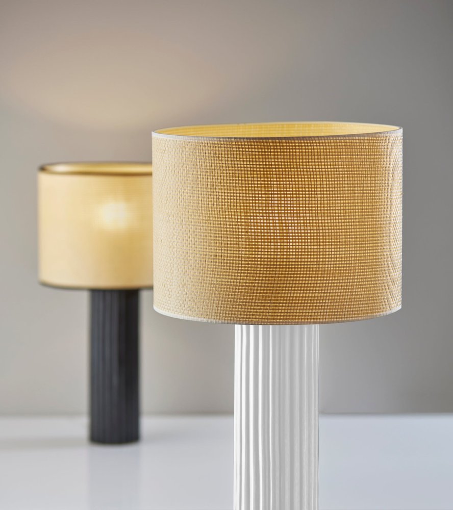 29" White Ceramic Cylinder Table Lamp With Beige Drum Shade. Table lamp in beige ceramic.