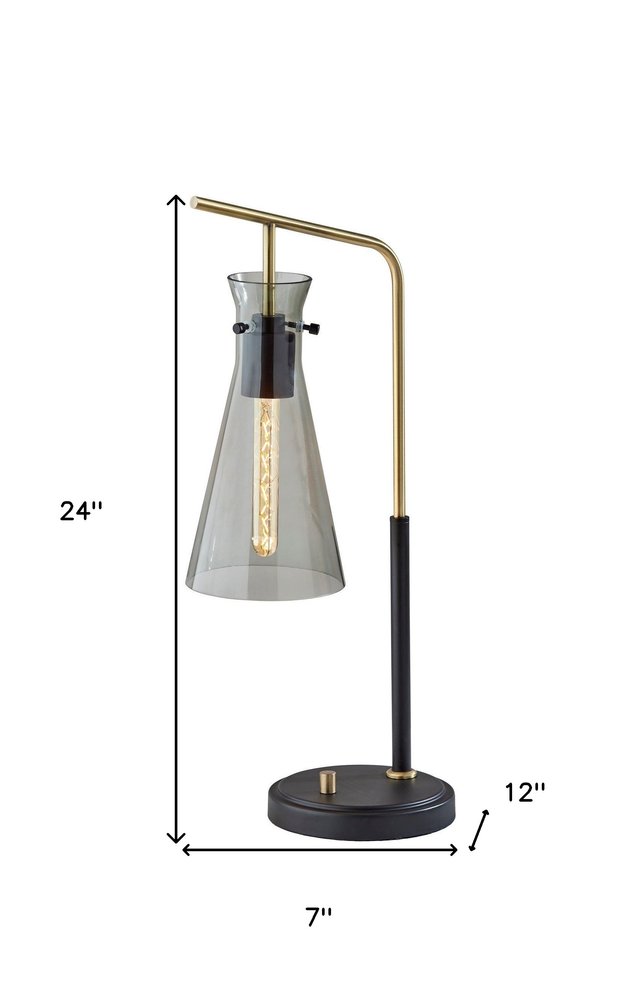 24" Black and Gold Metal Desk Lamp With Light Gray Cone Shade. Lamp isolated on a plain white background, showing a light gray metal surface.