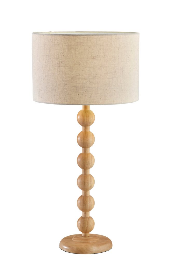 28" Brown Solid Wood Candlestick Table Lamp With Off White Drum Shade. Table lamp isolated on a plain white background, in a off-white wood finish.