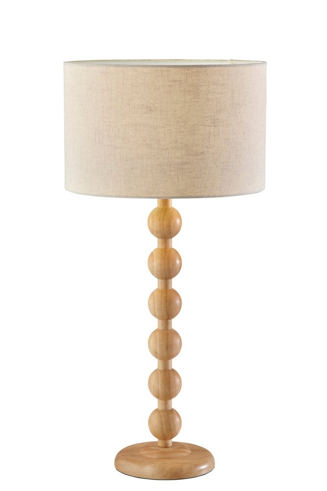 28" Brown Solid Wood Candlestick Table Lamp With Off White Drum Shade. Table lamp isolated on a plain white background, in a off-white wood finish.