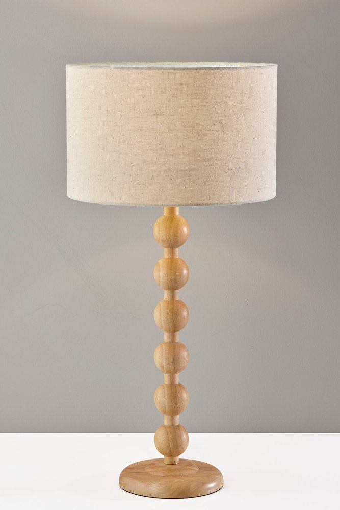 Cropped view of 28" Brown Solid Wood Candlestick Table Lamp With Off White Drum Shade focusing on the off-white wood surface.