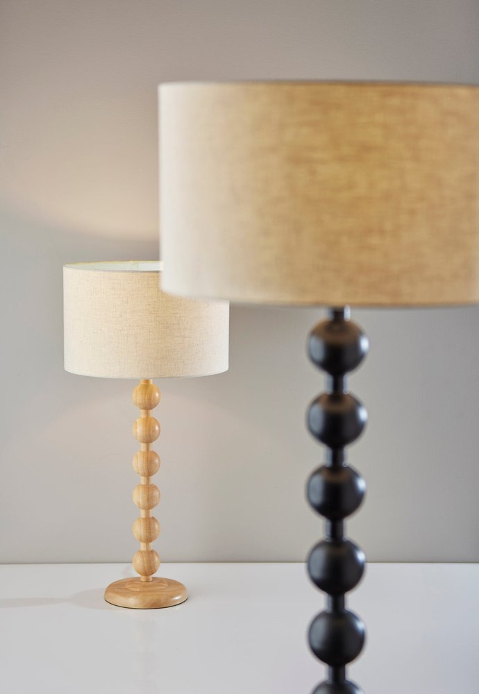 28" Brown Solid Wood Candlestick Table Lamp With Off White Drum Shade. Table lamp in off-white wood.
