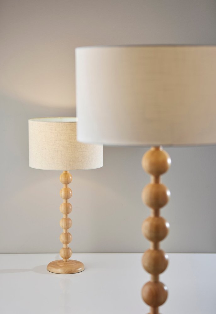 28" Brown Solid Wood Candlestick Table Lamp With Off White Drum Shade. Table lamp in off-white wood.