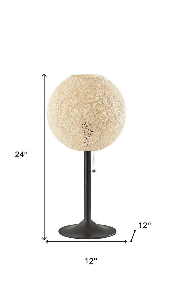 24" Antiqued Bronze Metal Candlestick Table Lamp With Off White Globe Shade. Table lamp isolated on a plain white background, finished in off-white metal.