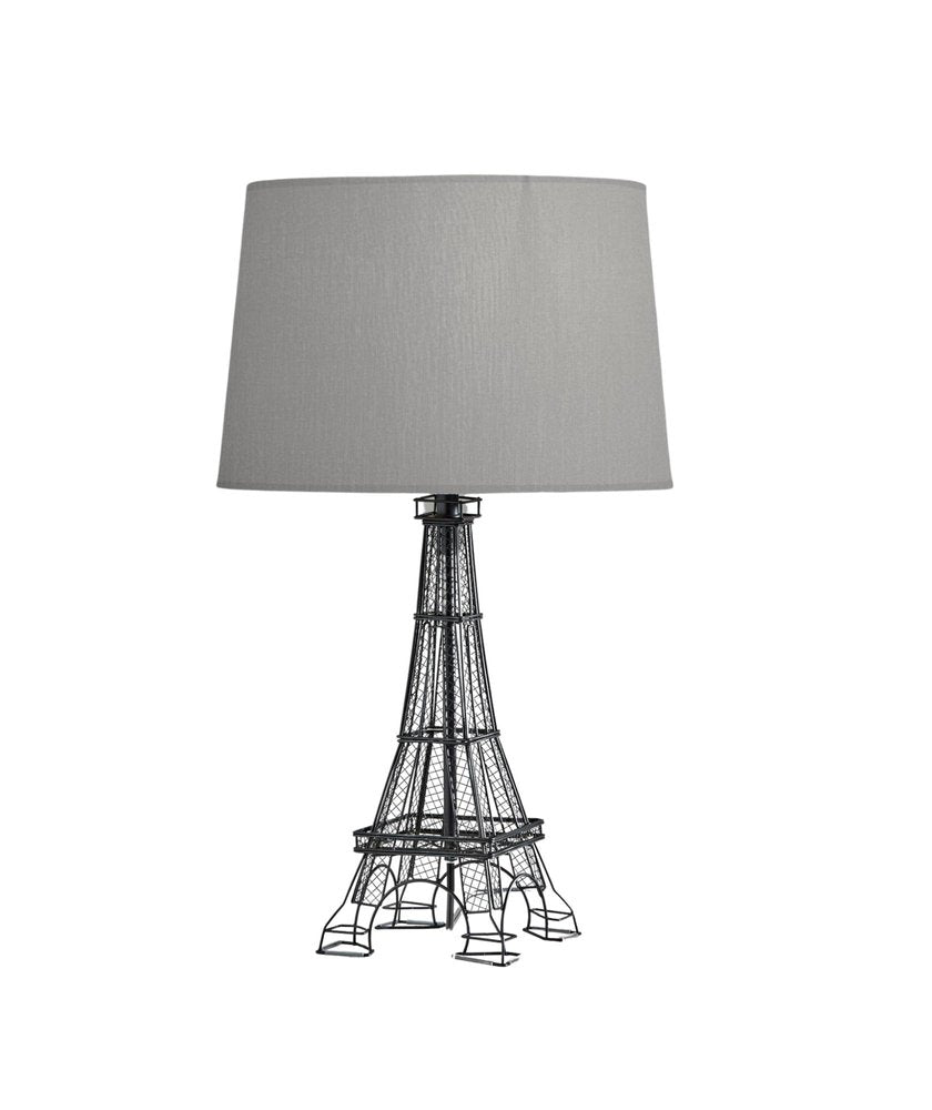 25" Black Acrylic Paris Desk Table Lamp With Gray Drum Shade. Table lamp isolated on a plain white background, showing its black color.