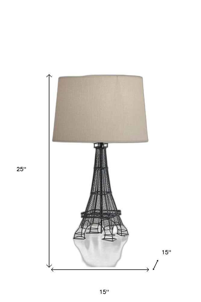 25" Black Acrylic Paris Desk Table Lamp With White Drum Shade. Table lamp isolated on a plain white background, finished in white.