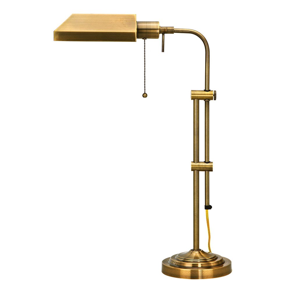 26" Bronze Metal Adjustable Table Lamp With Antiqued Brass Rectangular Shade. Table lamp isolated on a plain white background, finished in bronze metal.