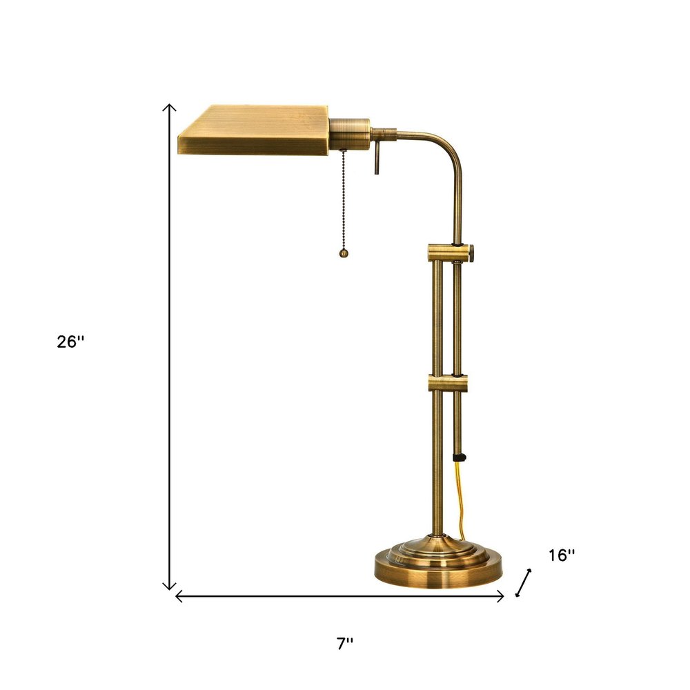 26" Bronze Metal Adjustable Table Lamp With Antiqued Brass Rectangular Shade. Table lamp isolated on a plain white background, showing a metal surface.