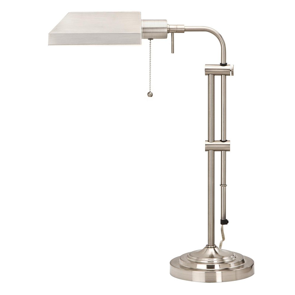 26" Nickel Metal Adjustable Table Lamp With Nickel Rectangular Shade. Table lamp isolated on a plain white background, showing a silver metal surface.