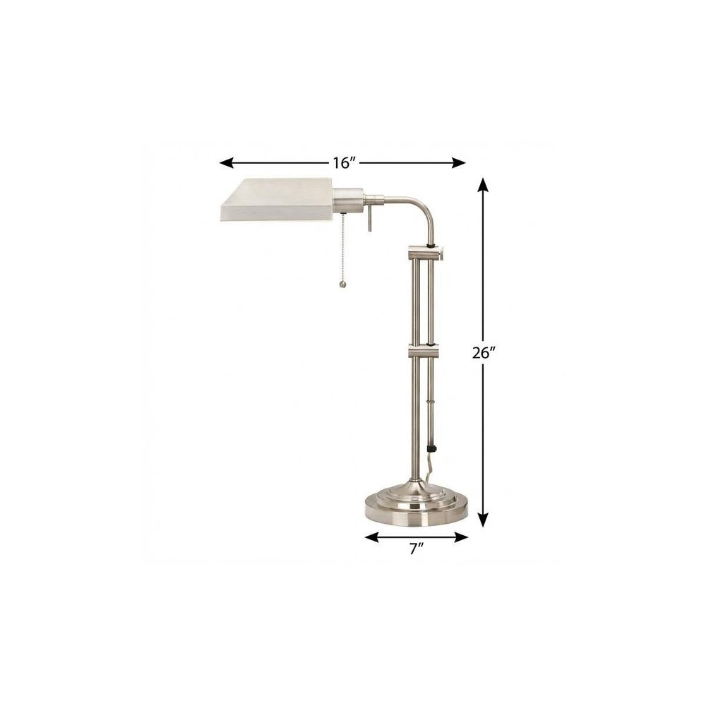 26" Nickel Metal Adjustable Table Lamp With Nickel Rectangular Shade. Table lamp isolated on a plain white background, showing a silver metal surface.