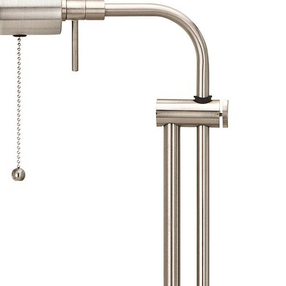 26" Nickel Metal Adjustable Table Lamp With Nickel Rectangular Shade. Table lamp isolated on a plain white background, showing a metal surface.