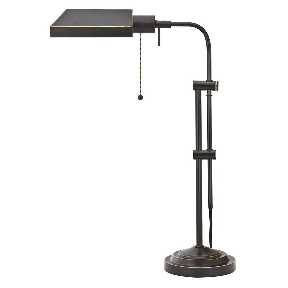 26" Bronze Metal Adjustable Table Lamp With Bronze Rectangular Shade. Table lamp isolated on a plain white background, showing a metal surface.