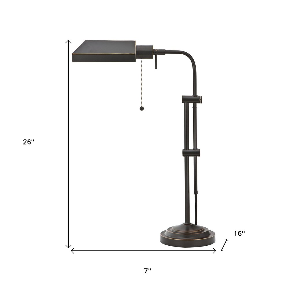26" Bronze Metal Adjustable Table Lamp With Bronze Rectangular Shade. Table lamp isolated on a plain white background, showing a metal surface.