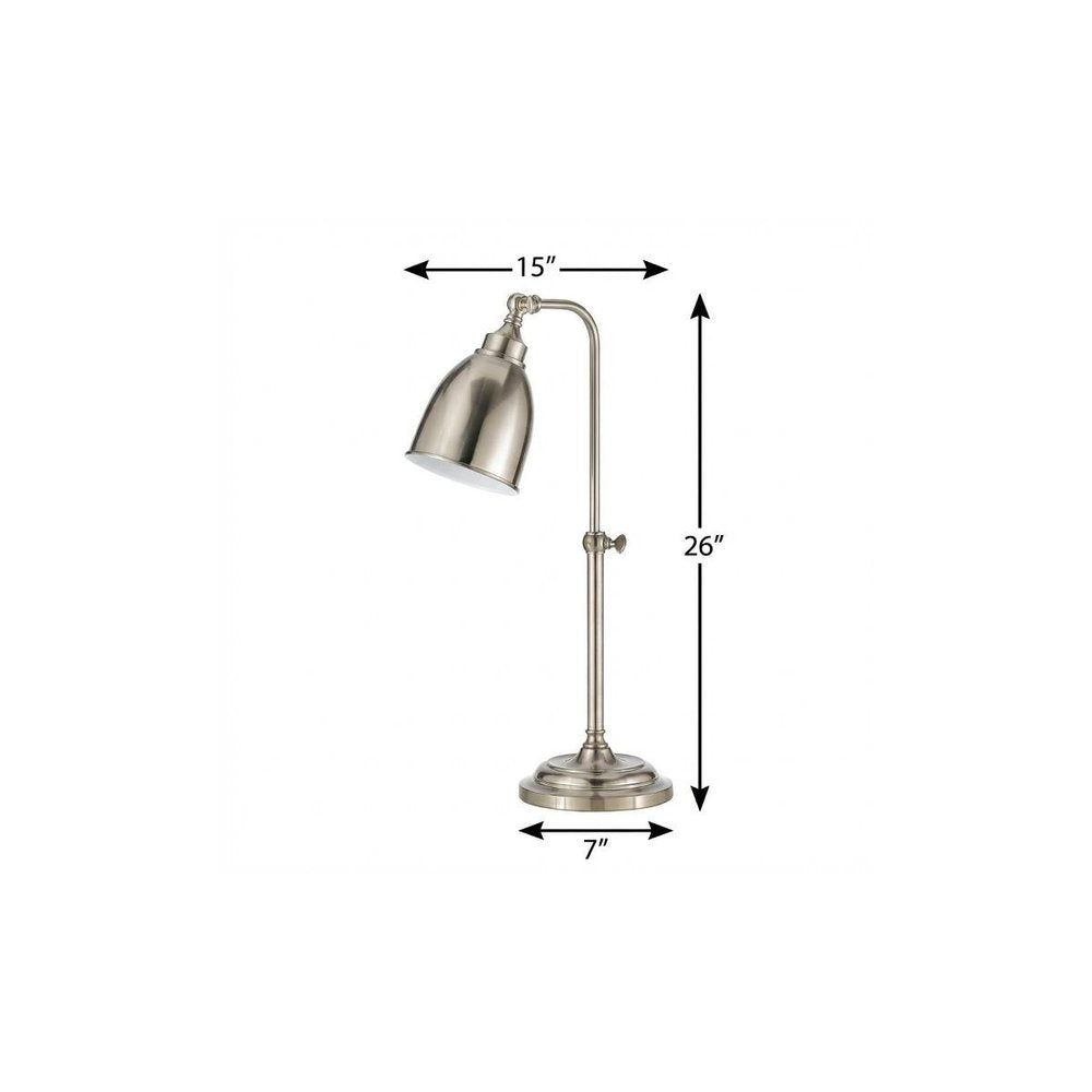 26" Nickel Metal Adjustable Table Lamp With Nickel Dome Shade. Table lamp isolated on a plain white background, in a silver metal finish.
