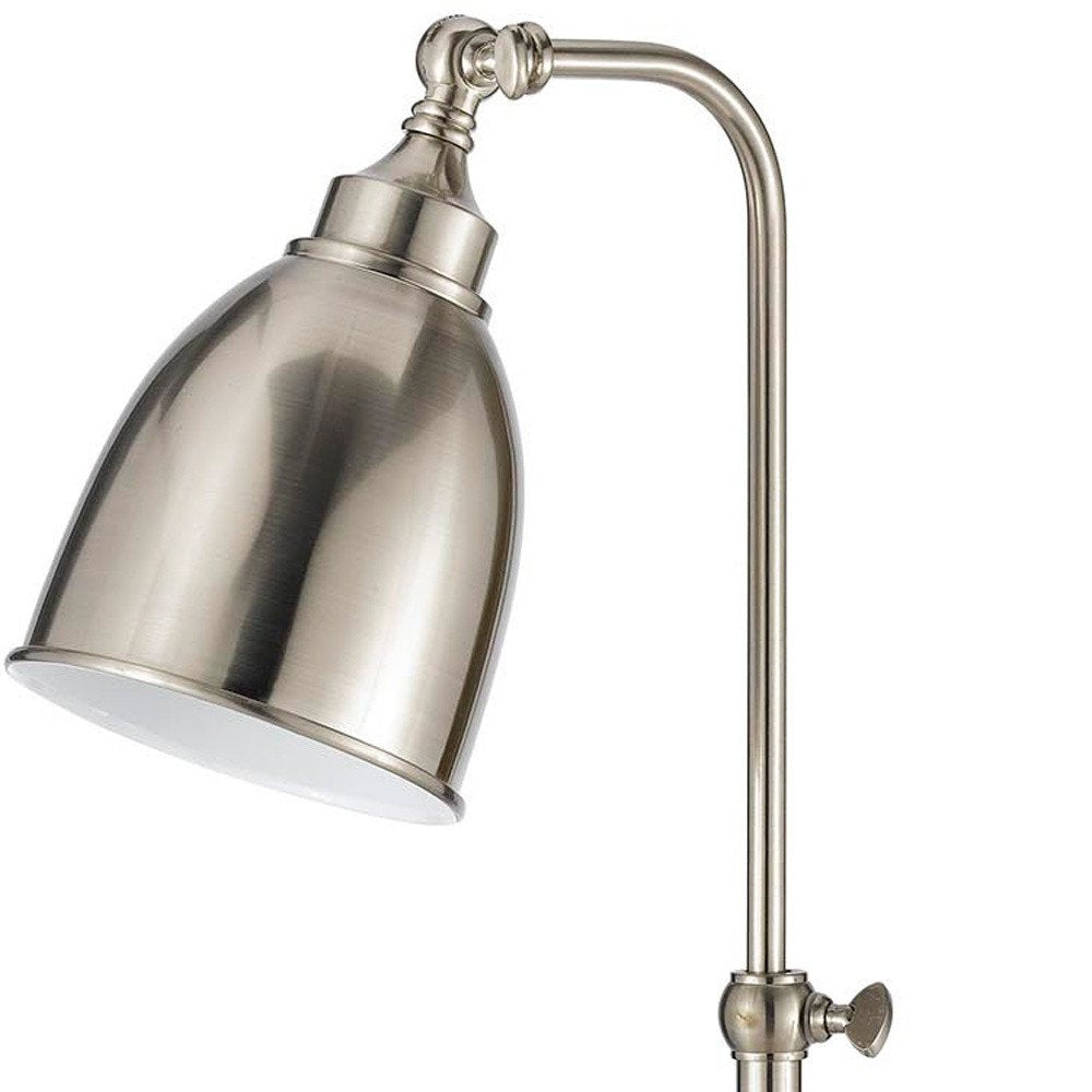 26" Nickel Metal Adjustable Table Lamp With Nickel Dome Shade. Table lamp isolated on a plain white background, showing a metal surface.