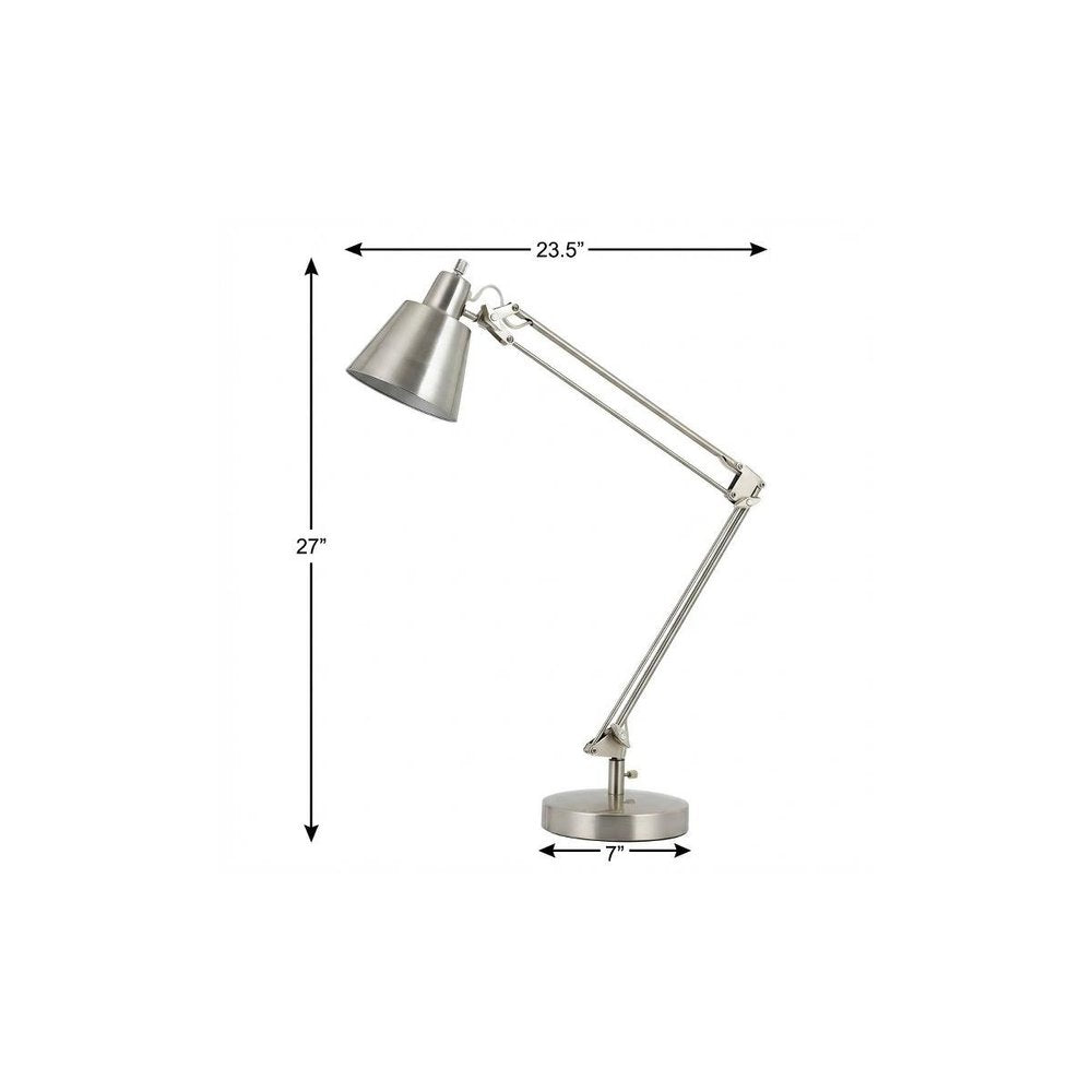 27" Nickel Metal Desk Table Lamp With Nickel Cone Shade. Table lamp isolated on a plain white background, in a silver metal finish.