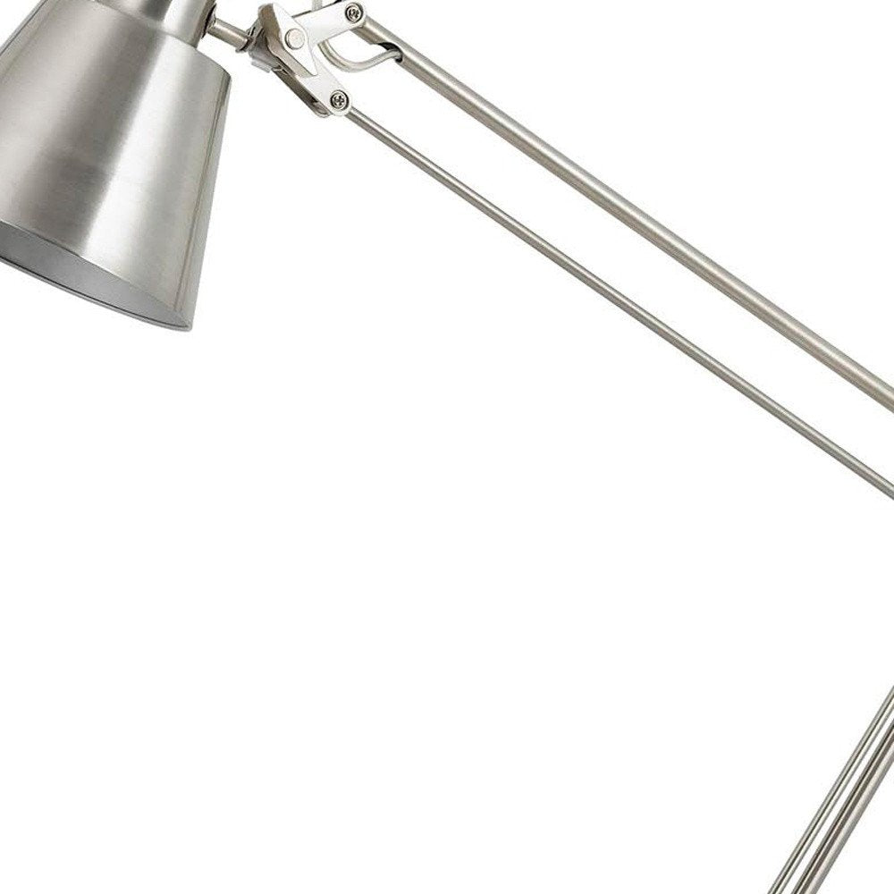 27" Nickel Metal Desk Table Lamp With Nickel Cone Shade. Table lamp isolated on a plain white background, showing a silver metal surface.