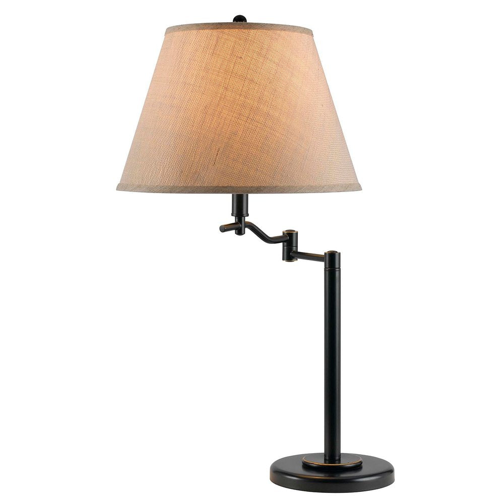 29" Bronze Metal Swing Arm Table Lamp With Off White Empire Shade. Table lamp isolated on a plain white background, in a off-white metal finish.
