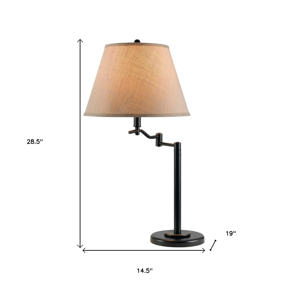29" Bronze Metal Swing Arm Table Lamp With Off White Empire Shade. Table lamp isolated on a plain white background, in a off-white metal finish.