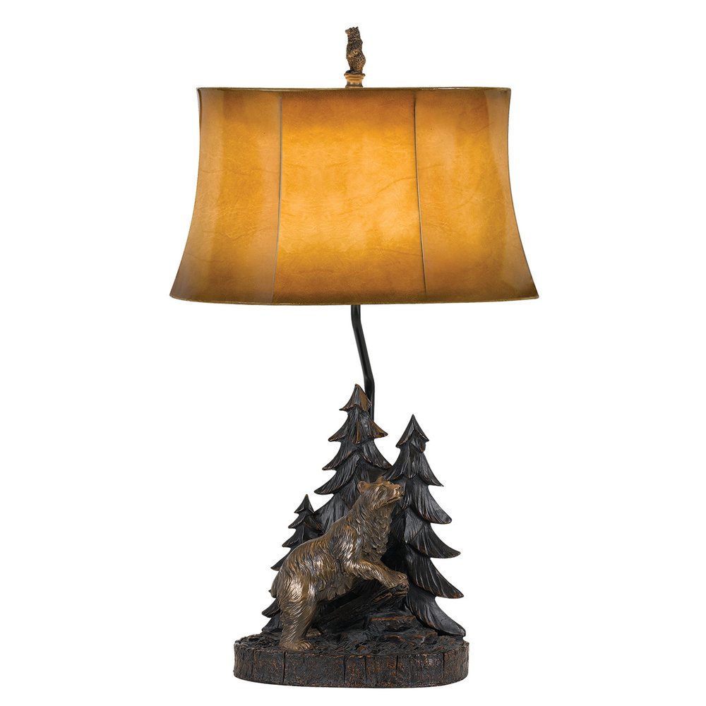 29" Antiqued Bronze Novelty Table Lamp With Brown Bell Shade. Table lamp isolated on a plain white background, finished in brown.