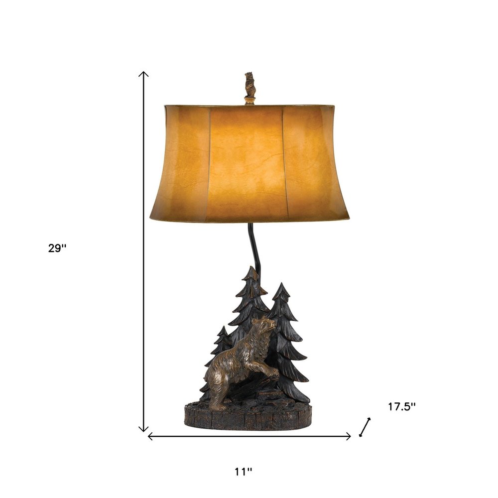 29" Antiqued Bronze Novelty Table Lamp With Brown Bell Shade. Table lamp isolated on a plain white background, showing its brown color.