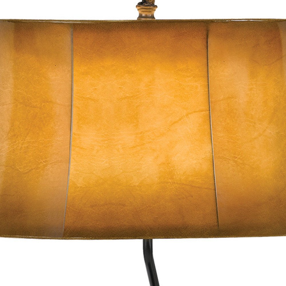 29" Antiqued Bronze Novelty Table Lamp With Brown Bell Shade. Table lamp isolated on a plain white background, finished in brown.