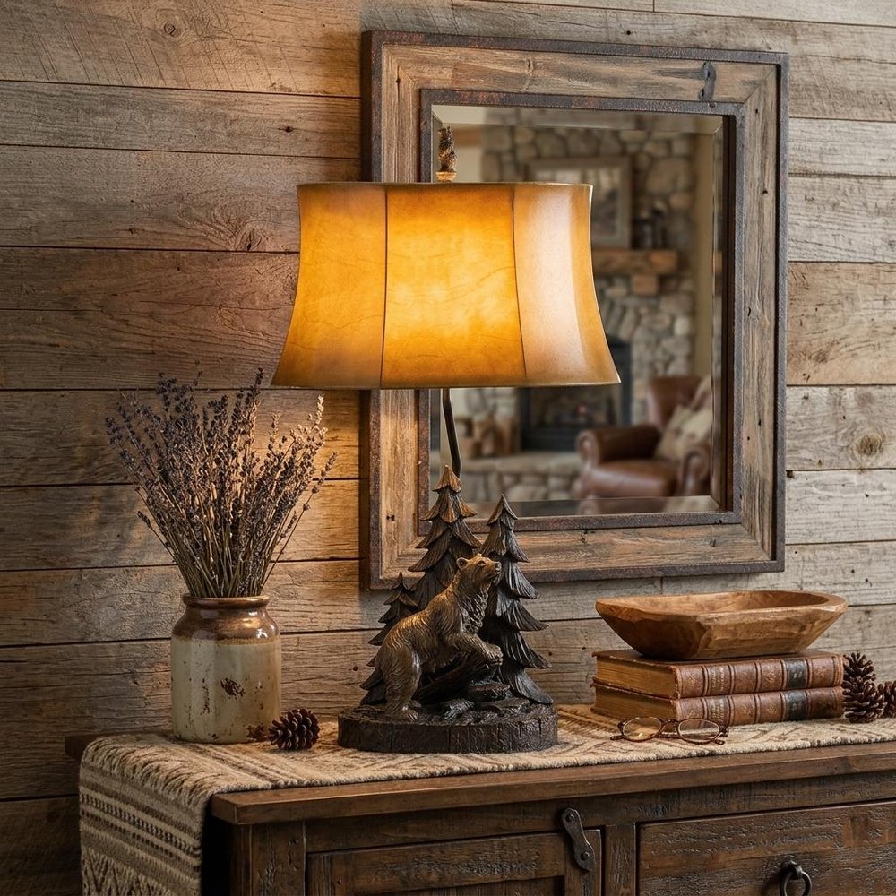 29" Antiqued Bronze Novelty Table Lamp With Brown Bell Shade displayed on a dark wood tabletop in a furnished interior against a tan wall.