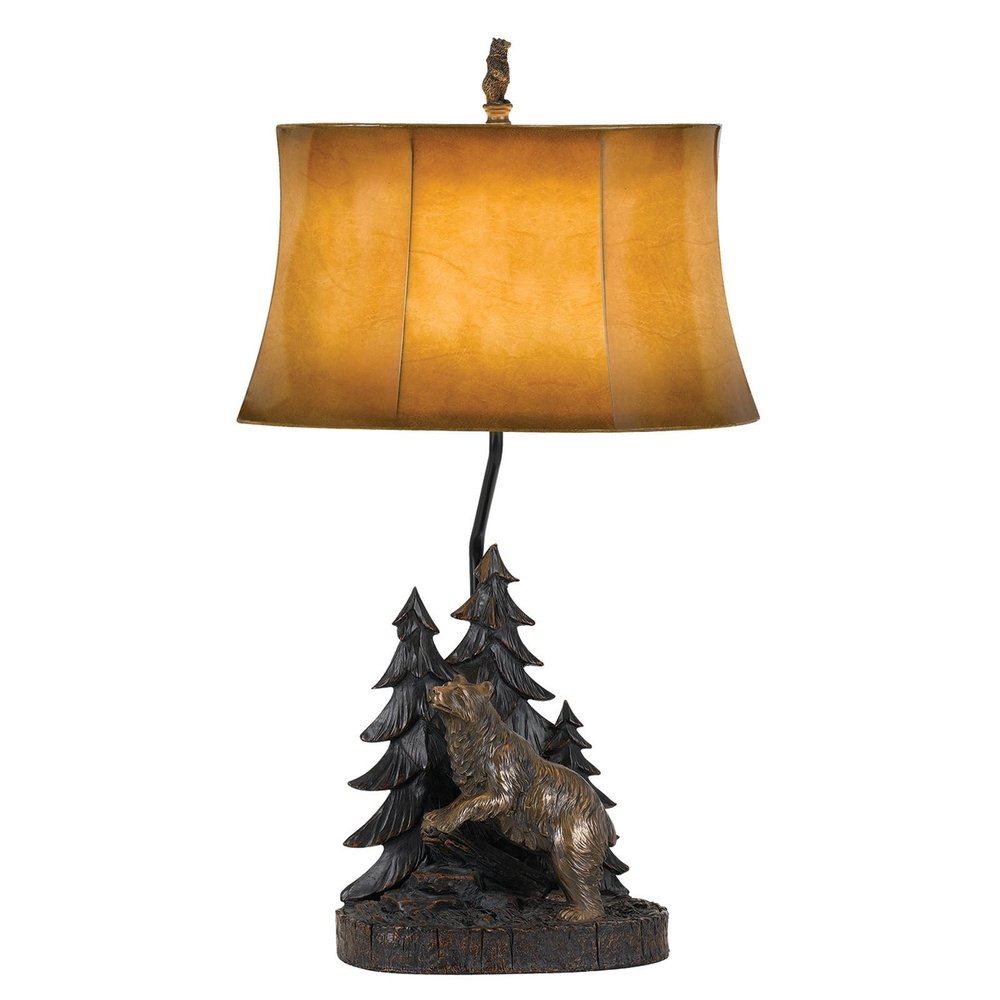 29" Antiqued Bronze Novelty Table Lamp With Brown Bell Shade. Table lamp isolated on a plain white background, in a brown finish.